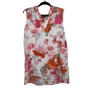 Soft Surroundings Linen Tunic Women M Floral Hooded Button Back Lagenlook Chic